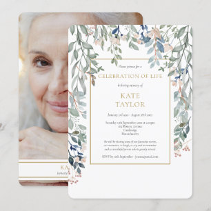 Floral Foliage Photo Funeral Celebration of Life Invitation