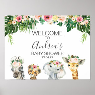 Floral Foliage Safari Animals Baby Shower Welcome Poster