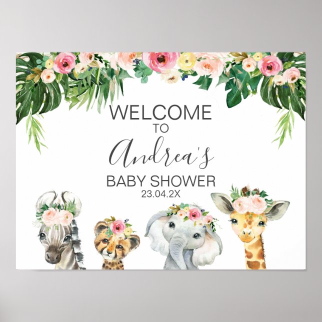 Floral Foliage Safari Animals Baby Shower Welcome  Poster (Front)