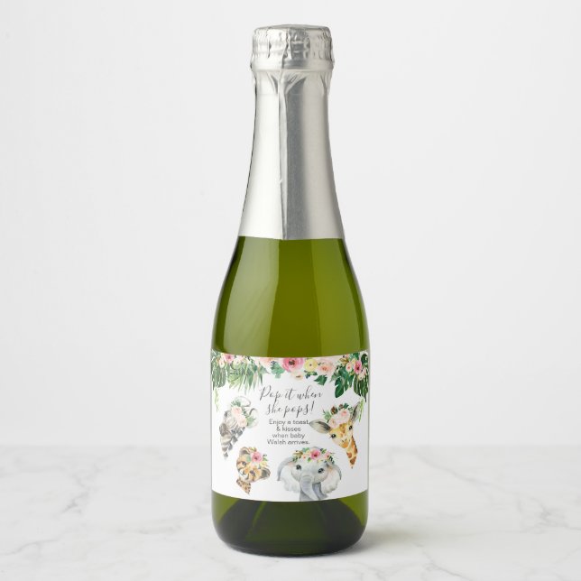 Floral Foliage Safari Baby Shower  Pop It  Sparkling Wine Label (Front)
