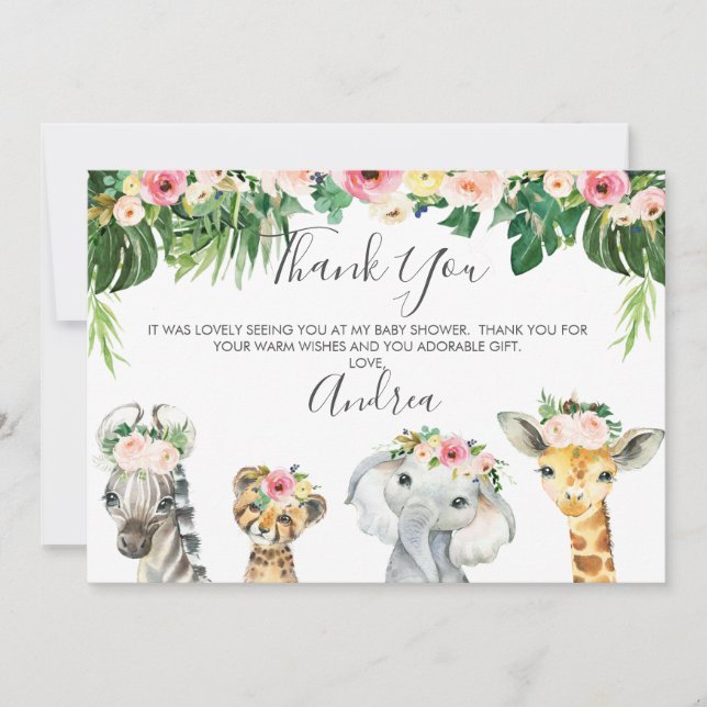 Floral Foliage Safari Baby Shower Thank You Card (Front)