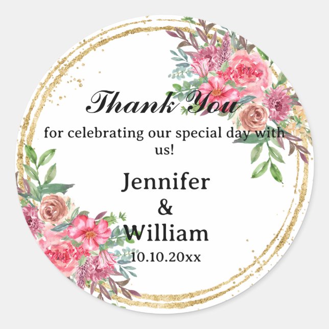 Floral Foliage Thank You Wedding Business Birthday Classic Round Sticker (Front)