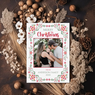Floral Foliage Two Photo Merry Christmas Holiday Card