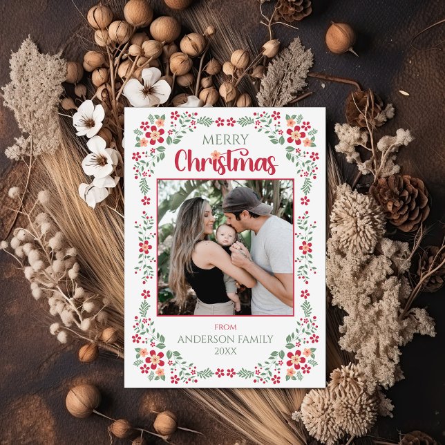 Floral Foliage Two Photo Merry Christmas  Holiday Card (Creator Uploaded)