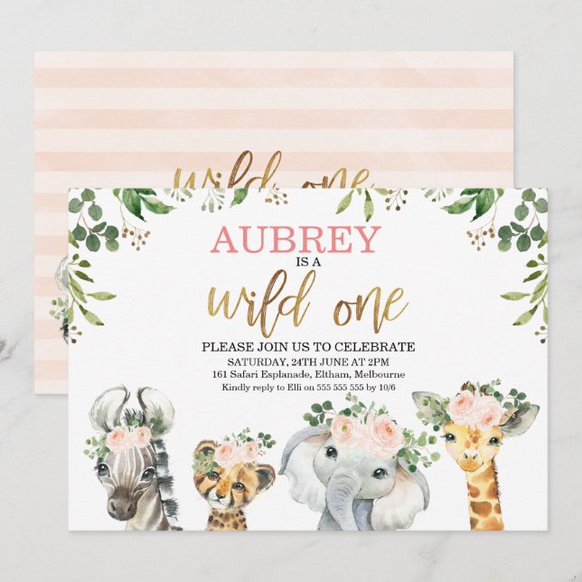 Floral Foliage Wild One Safari Animals Birthday Invitation (Front/Back)