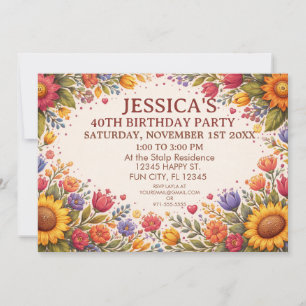 Floral Folk Art Birthday  Invitation