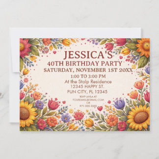 Floral Folk Art Birthday  Invitation