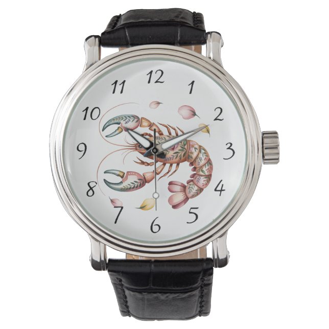 Floral Folk Art Lobster Illustration  Watch (Front)