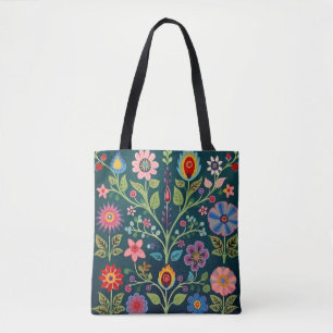 Floral Folk Art Motif Tote Bag