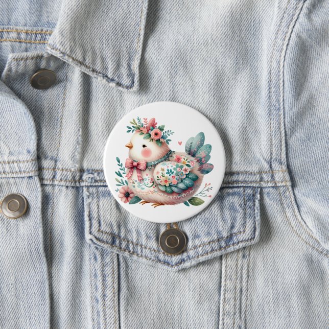 Floral Folk Bird with Pastel Boho Charm 7.5 Cm Round Badge (In Situ)