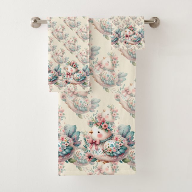 Floral Folk Bird with Pastel Boho Charm Bath Towel Set (Insitu)