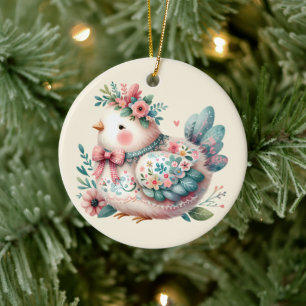 Floral Folk Bird with Pastel Boho Charm Ceramic Tree Decoration