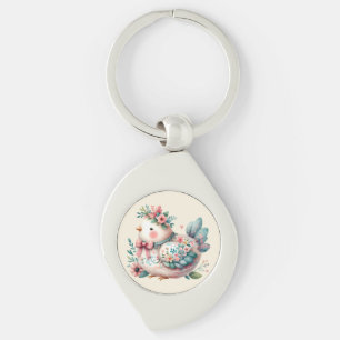 Floral Folk Bird with Pastel Boho Charm Key Ring