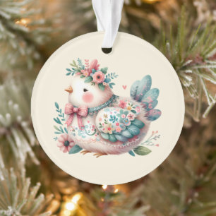 Floral Folk Bird with Pastel Boho Charm Ornament