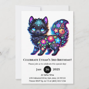 Floral Folk Fantasy Wolf Birthday Invitation