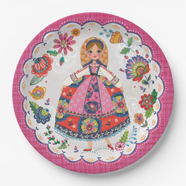 Floral Folk Garden | Birthday | Party Paper Plates (Front)