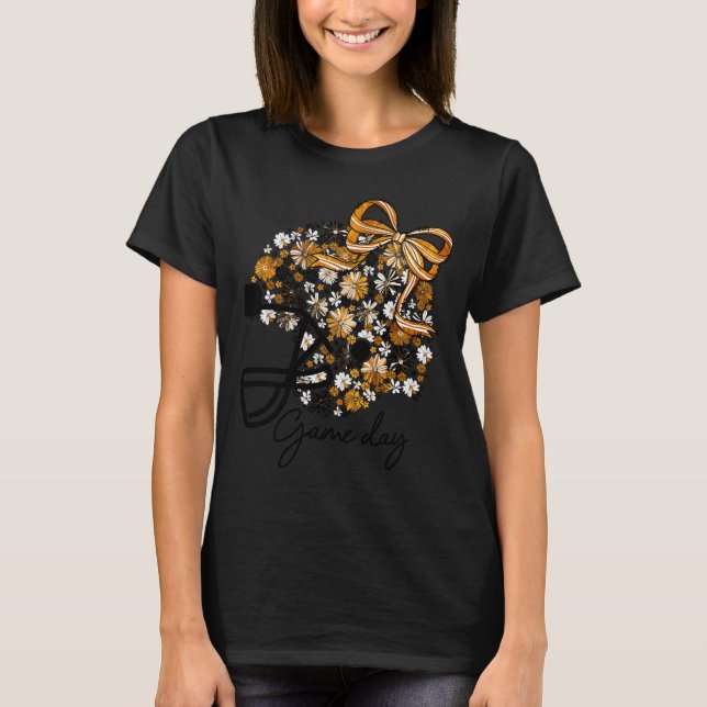 Floral Football Game Day Girly Bow Team Srit Black T-Shirt (Front)