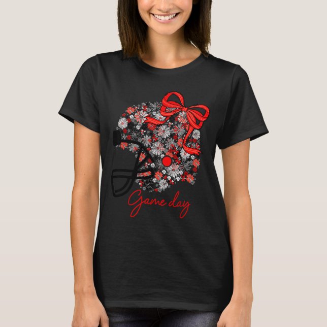 Floral Football Game Day Girly Team Srit Black Red T-Shirt (Front)