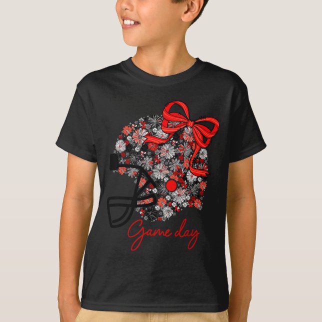 Floral Football Game Day Girly Team Srit Black Red T-Shirt (Front)