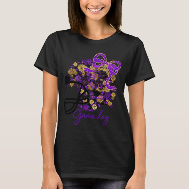 Floral Football Game Day Girly Team Srit Purple Bl T-Shirt (Front)