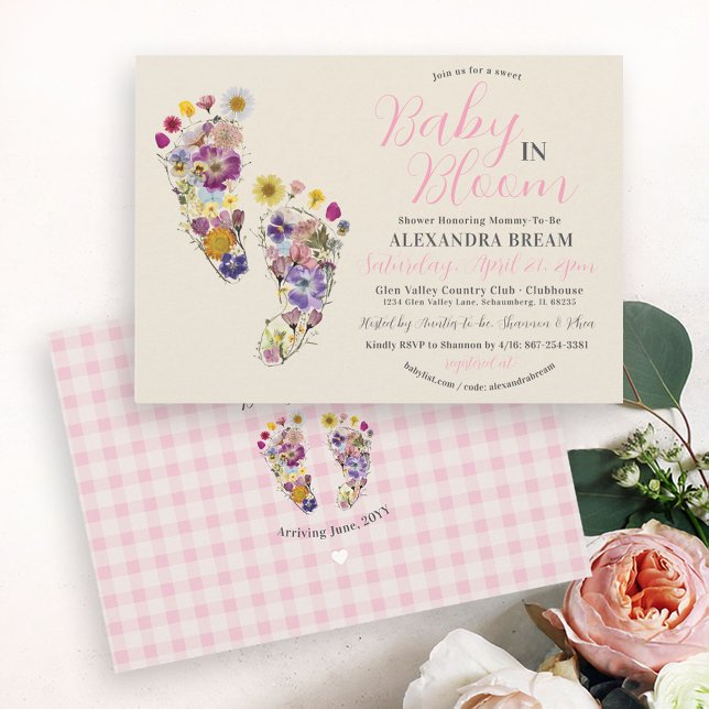 Floral Footprint Beige Baby Girl Shower Invitation (Cute pink gingham pressed wildflower floral footprints Baby in Bloom Beige Baby Shower invitation)