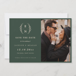 Floral Forest Green Stacked Initials Monogram Save The Date