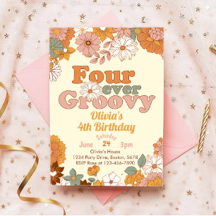 Floral  Four Ever Groovy 4th Birthday Invitation