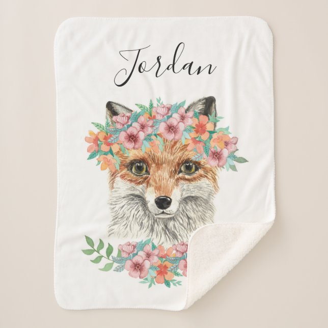 Floral Fox | Add Your Name Sherpa Blanket (Front)
