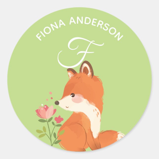 Floral Fox • Alphabet Monogram Cute School Daycare Classic Round Sticker (Front)