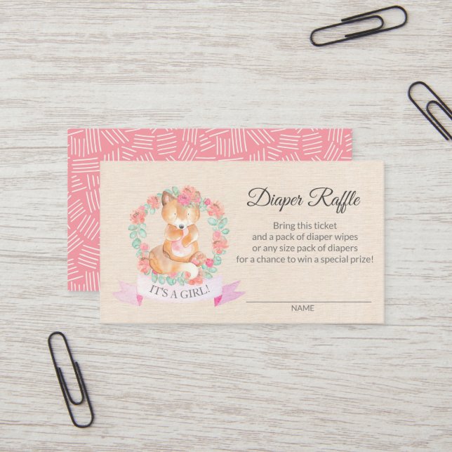 Floral Fox Baby Shower Diaper Raffle Ticket (Front/Back In Situ)