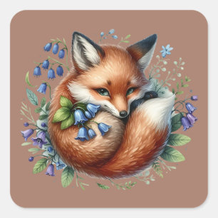 Floral Fox Botanical Woodland Art Square Sticker