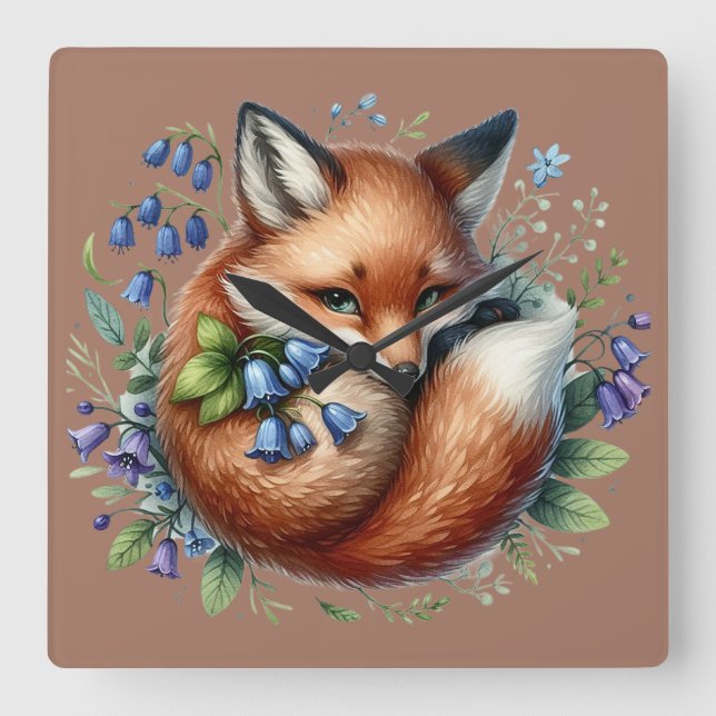 Floral Fox Botanical Woodland Art Square Wall Clock (Front)