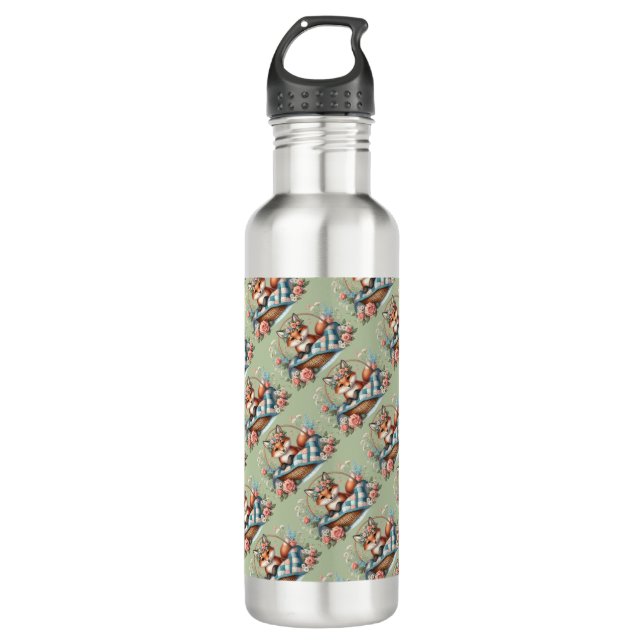 Floral Fox in Basket with Quilt & Flowers 710 Ml Water Bottle (Front)