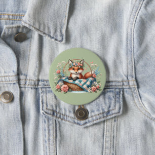 Floral Fox in Basket with Quilt & Flowers 7.5 Cm Round Badge