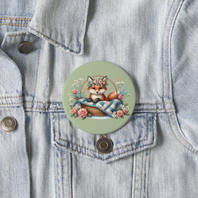 Floral Fox in Basket with Quilt & Flowers 7.5 Cm Round Badge (In Situ)