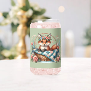 Floral Fox in Basket with Quilt & Flowers Can Glass
