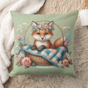 Floral Fox in Basket with Quilt & Flowers Cushion