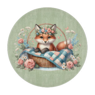 Floral Fox in Basket with Quilt & Flowers Cutting Board