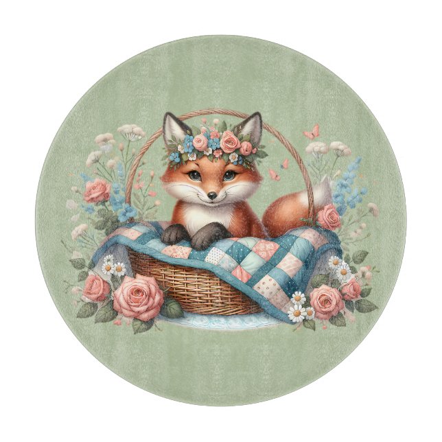 Floral Fox in Basket with Quilt & Flowers Cutting Board (Front)