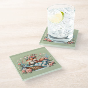 Floral Fox in Basket with Quilt & Flowers Glass Coaster