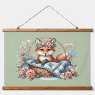 Floral Fox in Basket with Quilt & Flowers Hanging Tapestry