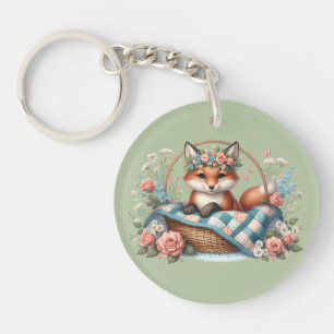 Floral Fox in Basket with Quilt & Flowers Key Ring