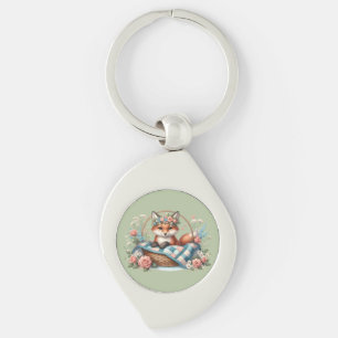 Floral Fox in Basket with Quilt & Flowers Key Ring