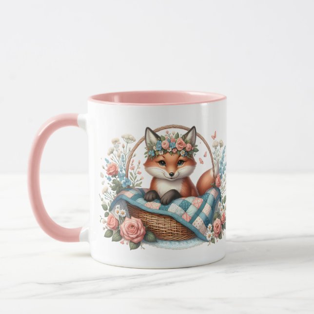 Floral Fox in Basket with Quilt & Flowers Mug (Left)