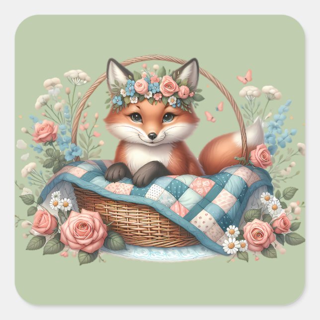 Floral Fox in Basket with Quilt & Flowers Square Sticker (Front)