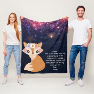 Floral Fox Space Galaxy Background Custom Letter Fleece Blanket
