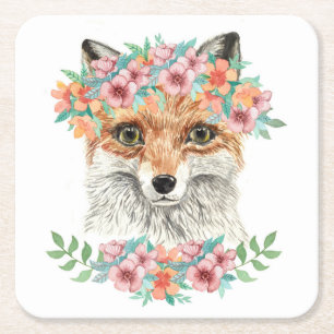 Floral Fox Square Paper Coaster