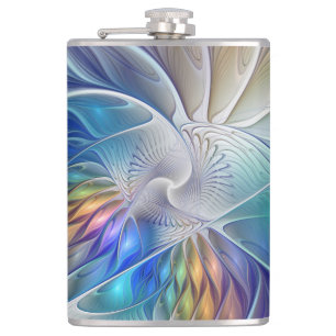 Floral Fractal Art, Colourful Abstract Flower Hip Flask