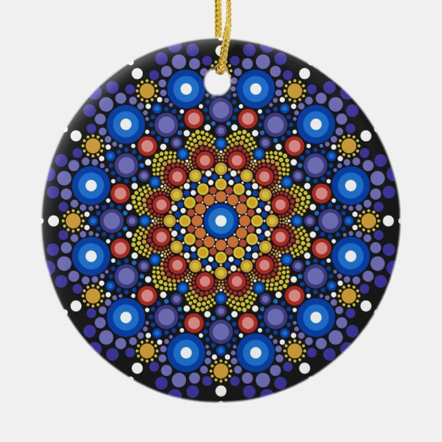 Floral Fractal Art Dotted Retro Mandala Ceramic Tree Decoration (Front)