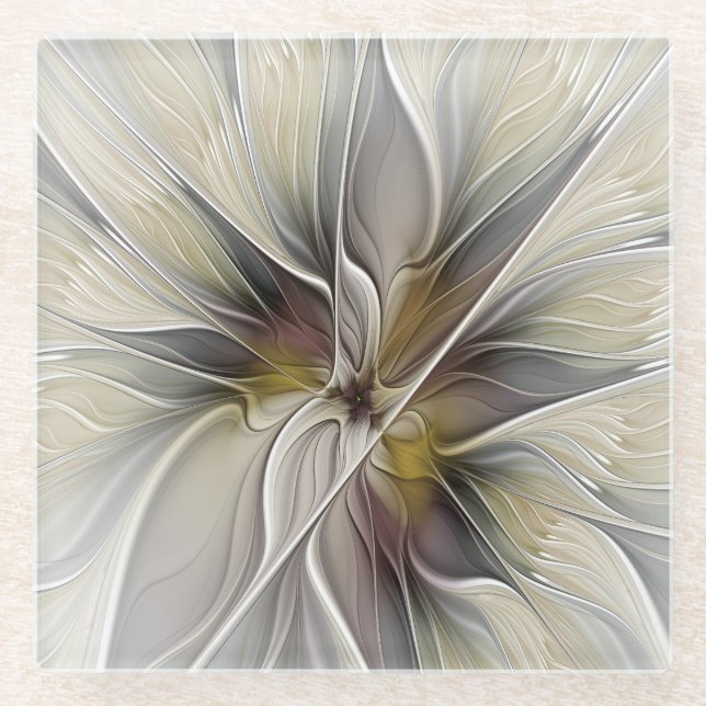 Floral Fractal, Fantasy Flower with Earth Colours Glass Coaster (Front)